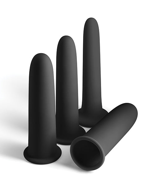 Renegade Vibrating Dilators Black set featuring four black silicone dilators for gradual anal training.