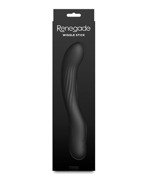 Renegade Wiggle Stick Silicone Gyrating Vibrator Black in sleek packaging with focus on ribbed design.