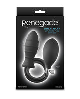 Renegade Inflataplay Inflatable Anal Plug Black packaging with pump for customizable size and grip.