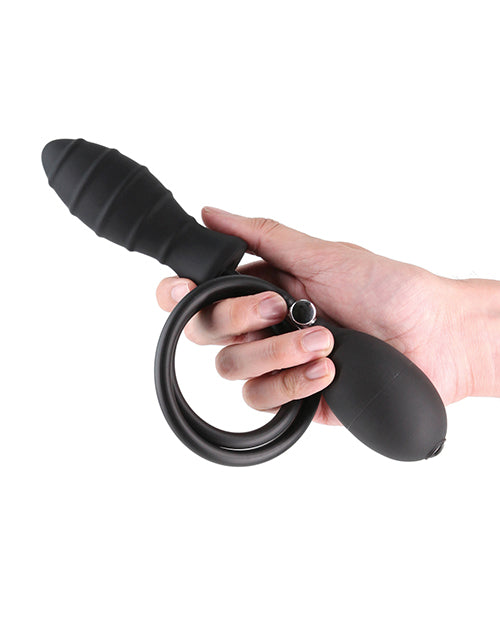 Renegade Inflataplay Inflatable Anal Plug Black in hand showcasing pump and plug design.