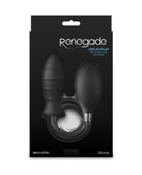 Renegade Inflataplay Inflatable Anal Plug Black packaging with pump and plug design.