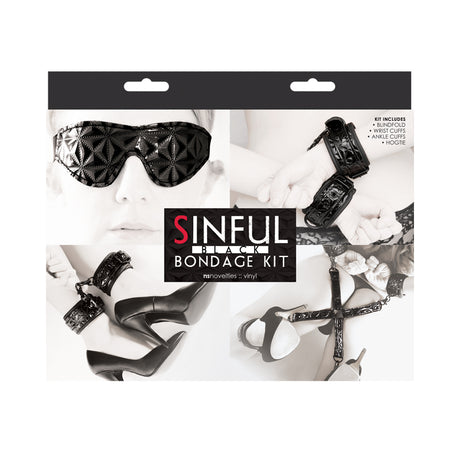 NS Novelties Sinful Bondage Kit Black packaging showcasing cuffs and blindfold.