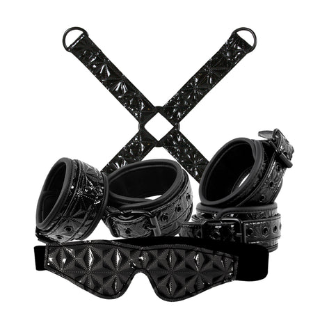 NS Novelties Sinful Bondage Kit Black with wrist cuffs, ankle cuffs, and blindfold arranged stylishly.