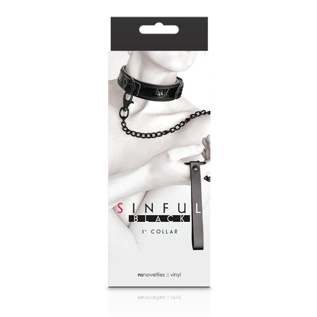 Sinful 1 Inch Collar and Leash Black packaging featuring a stylish collar with an adjustable design and attached leash.