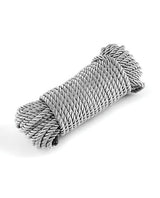 Bound 50 ft Bondage Restraints Rope Silver coiled in a bundle, showcasing its smooth polyester fiber texture.