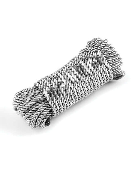 Bound 50 ft Bondage Restraints Rope Silver coiled in a bundle, showcasing its smooth polyester fiber texture.