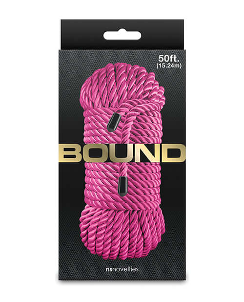 Bound 50 ft Bondage Restraints Rope Pink packaging showcasing a smooth, non-chafing bondage rope.