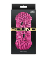 Bound 50 ft Bondage Restraints Rope Pink packaging showcasing a smooth, non-chafing bondage rope.