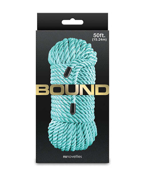 Bound 50 ft Bondage Restraints Rope Green packaging featuring smooth polyester fiber, perfect for comfortable restraint.