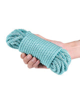Bound 50 ft Bondage Restraints Rope Green held in hand, showcasing soft, non-chafing polyester fiber material.