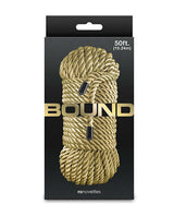 Bound 50 ft Bondage Restraints Rope Gold packaging with soft rope design and size details.