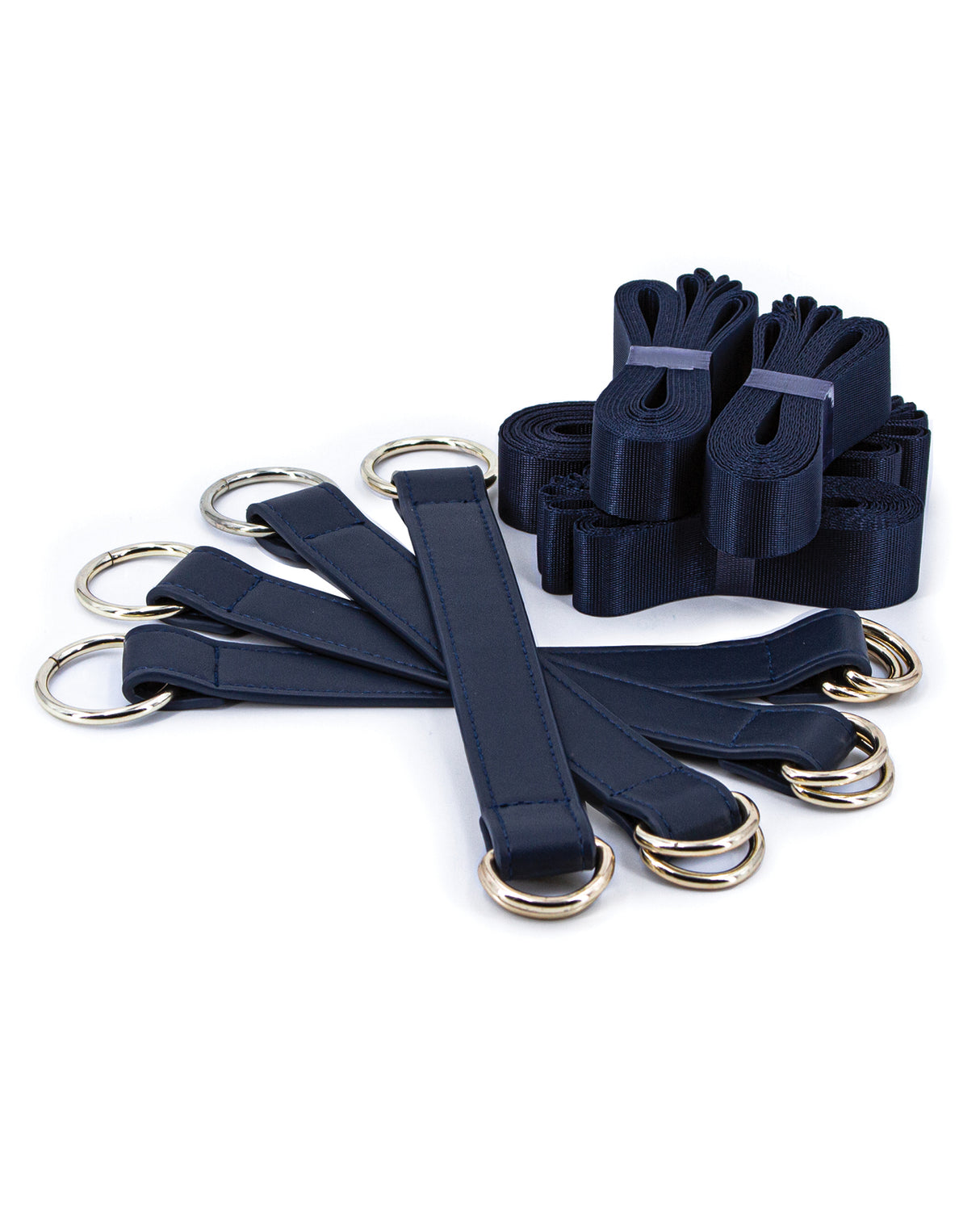 Bondage Couture Tie Down Straps Blue set with straps and rings in navy for stylish restraint and functional use.