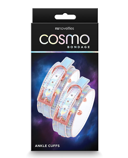 Cosmo Bondage Ankle Cuffs Rainbow in packaging with holographic finish and buckle closures.