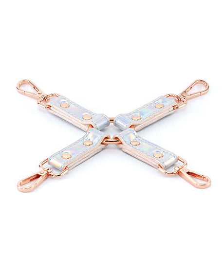 Cosmo Bondage Hogtie Rainbow Vinyl Restraint featuring a holographic design and easy-to-use clips for BDSM play.