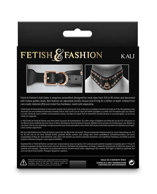 Fetish & Fashion Kali Studded Collar Black product packaging showcasing elegant design and golden studs.
