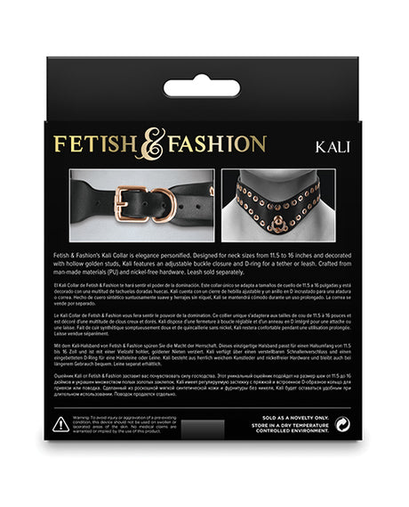 Fetish & Fashion Kali Studded Collar Black product packaging showcasing elegant design and golden studs.