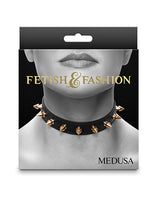 Fetish & Fashion Medusa Studded Collar Black packaging featuring spikes for edgy fashion and intimate play.