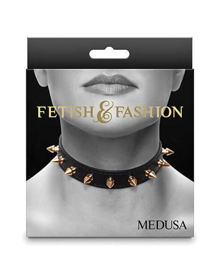 Fetish & Fashion Medusa Studded Collar Black packaging featuring spikes for edgy fashion and intimate play.