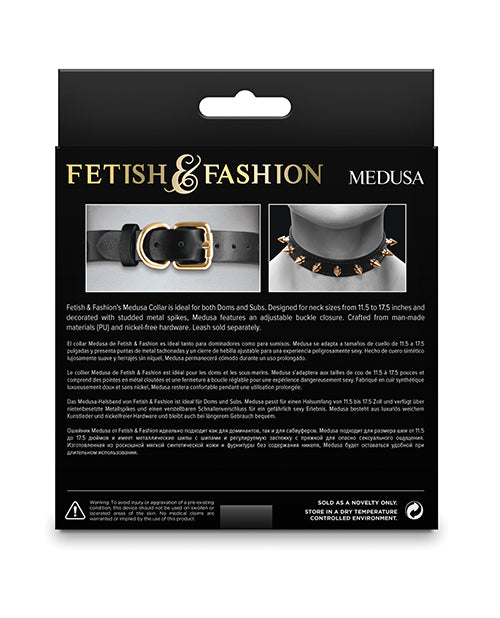 Fetish & Fashion Medusa Studded Collar Black packaging featuring design details and product description.