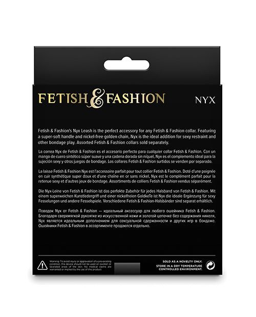 Fetish & Fashion Nyx Leash Black packaging featuring elegant design, perfect for pairing with collars for bondage play.