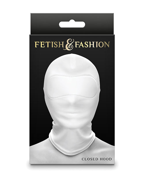 Fetish & Fashion Nylon Closed Hood White packaging showcasing a sensory deprivation hood design.
