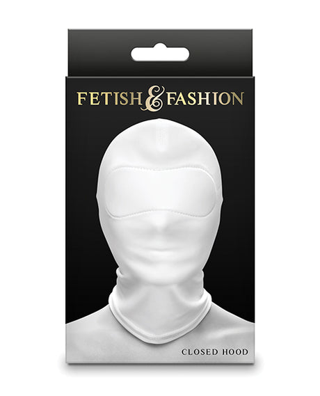 Fetish & Fashion Nylon Closed Hood White packaging showcasing a sensory deprivation hood design.