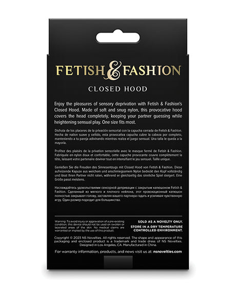 Fetish & Fashion Nylon Closed Hood White product packaging showcasing sensory deprivation features.