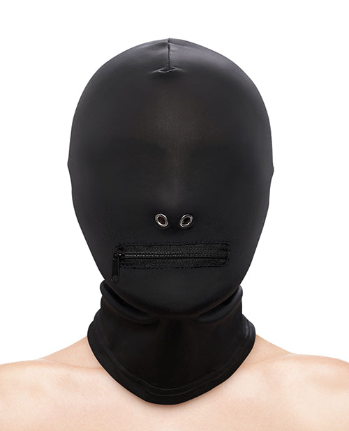 Fetish & Fashion Zippered Mouth Hood Black for sensory play and power exchange.