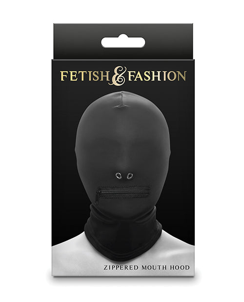 Fetish & Fashion Zippered Mouth Hood Black packaging design showcasing the sensory-limiting hood with a zippered mouth.