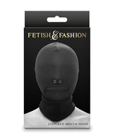 Fetish & Fashion Zippered Mouth Hood Black packaging design showcasing the sensory-limiting hood with a zippered mouth.