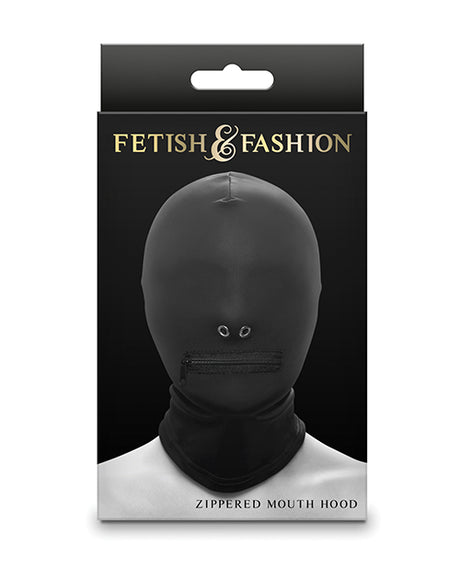 Fetish & Fashion Zippered Mouth Hood Black packaging design showcasing the sensory-limiting hood with a zippered mouth.