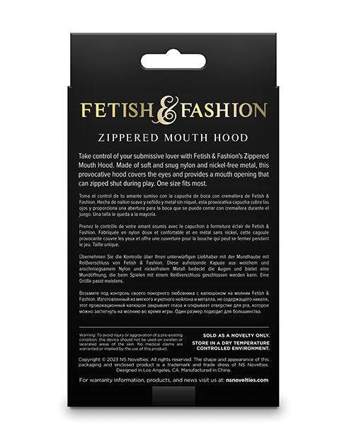 Fetish & Fashion Zippered Mouth Hood Black packaging with product details for immersive power exchange.