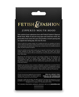 Fetish & Fashion Zippered Mouth Hood Black packaging with product details for immersive power exchange.