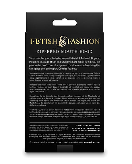 Fetish & Fashion Zippered Mouth Hood Black packaging with product details for immersive power exchange.