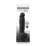 Colours Pleasures Vibrating 5 Inch Silicone Dildo Black in sleek packaging with realistic design and satin finish.