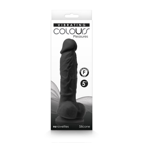 Colours Pleasures Vibrating 5 Inch Silicone Dildo Black in sleek packaging with realistic design and satin finish.