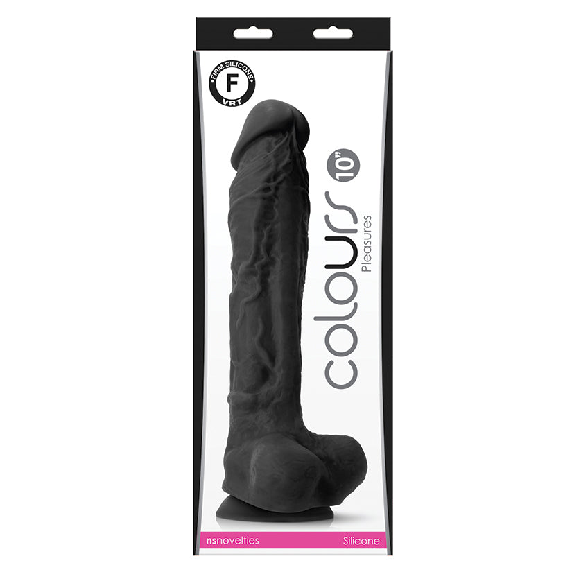 NS Novelties Colours Pleasures 10 Inch Silicone Dildo Black displayed in packaging.