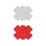 Pretty Pasties Glitter Cross Red/Silver 2 Pairs, featuring red and silver glitter nipple covers in cross shapes.