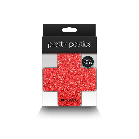 Pretty Pasties Glitter Cross Red/Silver 2 Pairs packaging showcasing bold glittery red cross design.