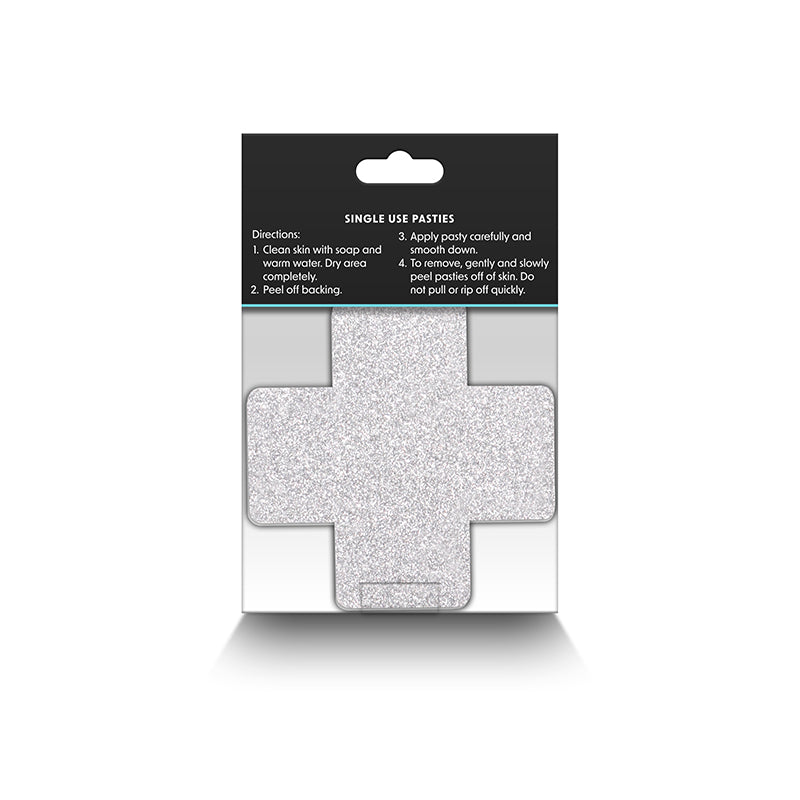Pretty Pasties Glitter Cross Red/Silver 2 Pairs packaging with instructions for use.