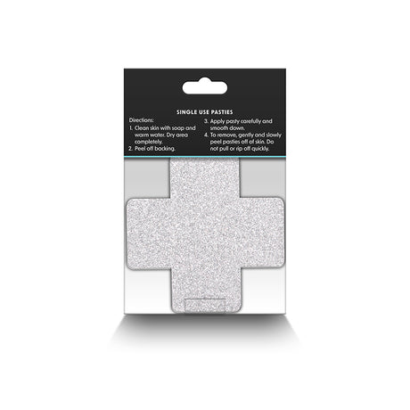 Pretty Pasties Glitter Cross Red/Silver 2 Pairs packaging with instructions for use.