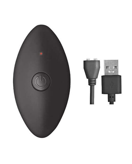Ass-sation Remote Vibrating Metal Anal Ecstasy Silver remote control with USB charging cable.