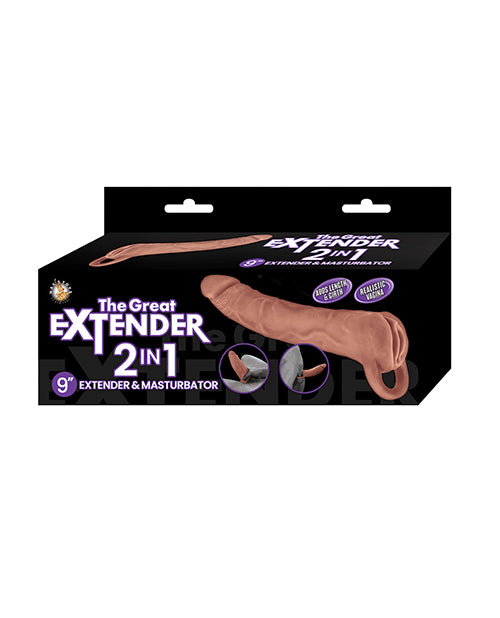 The Great Extender 2 in 1 9 inch Extender & Masturbator Brown packaging display with detailed design.