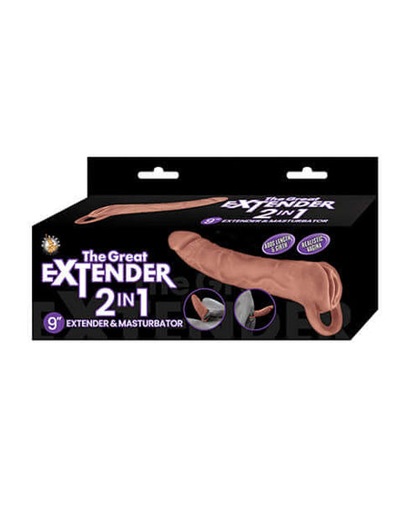 The Great Extender 2 in 1 9 inch Extender & Masturbator Brown packaging display with detailed design.