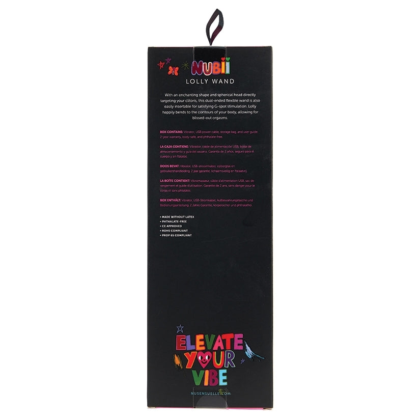 Nu Sensuelle Nubii Lolly Dual-Ended Wand Purple packaging details and product features on the back of the box.