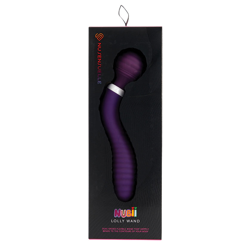 Nu Sensuelle Nubii Lolly Dual-Ended Wand Purple in elegant packaging, showcasing its unique design and colors.