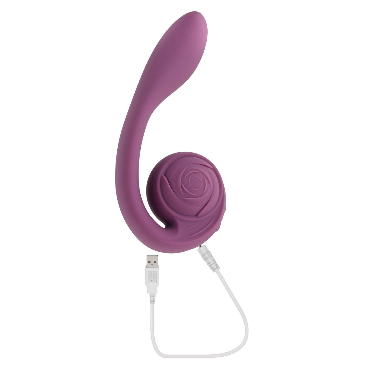 Gender X Poseable You Vibrator Purple displayed with USB charging cable, showcasing its unique design and features.