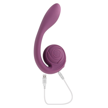 Gender X Poseable You Vibrator Purple displayed with USB charging cable, showcasing its unique design and features.