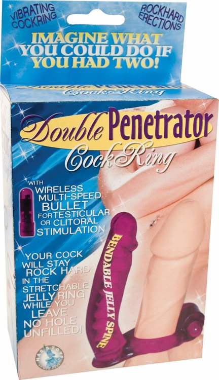 Double Penetrator Bendable Vibrating Cock Ring Purple packaging with product details and features.