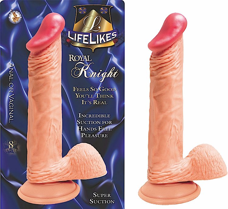 Lifelikes Royal Knight 8 Inch Realistic Dildo Flesh displayed with packaging showcasing its lifelike design and suction base.